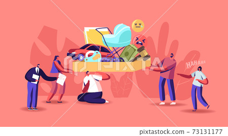 Public Pressure Concept. Tiny Male and Female Characters Put Huge Box Full of Society Attributes on Man Shoulders 73131177