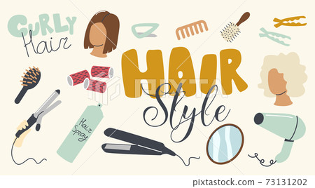 Set of Icons Hair Styling Theme. Curly Iron, Comb, Curlers or Female Head, Round Mirror, Fan, Barrette or Hair Spray Set of Icons Hair Styling Theme. Curly Iron, Comb, Curlers or Female Head, Round Mirror, Fan, Barrette or Hair Spray 73131202