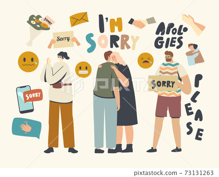 Male Female Characters Apologize. People Say Sorry, Hugging Each Other and Ask to Forgive for Mistake or Offensive Words Male Female Characters Apologize. People Say Sorry, Hugging Each Other and Ask to Forgive for Mistake or Offensive Words 73131263