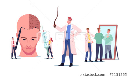 Plastic Surgery, Hair Receding, Loss Problem. Tiny Doctors around Huge Male Head Making Hair Transplantation Procedure 73131265