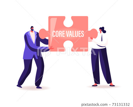 Tiny Businesspeople Characters Hold Huge Puzzle Piece with Core Values Inscription. Basic Social and Business Principles 73131332