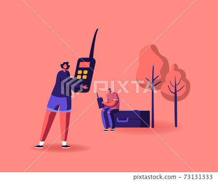 Radio Amateurs Male and Female Characters Communicate with Portable Walkie Talkie Having Fun Speaking to Each Other Radio Amateurs Male and Female Characters Communicate with Portable Walkie Talkie Having Fun Speaking to Each Other 73131333