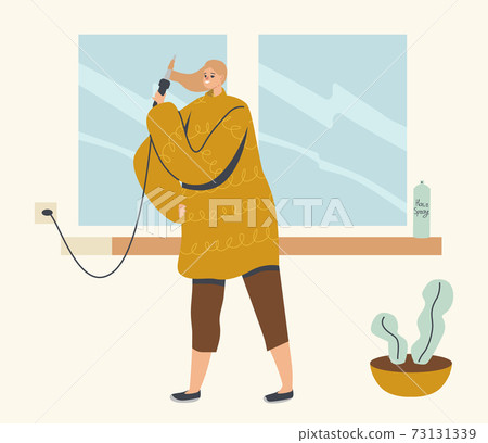 Female Character Styling Hair at Home. Young Woman in Domestic Clothes Use Curling Iron for Making Hairstyle for Beauty Female Character Styling Hair at Home. Young Woman in Domestic Clothes Use Curling Iron for Making Hairstyle for Beauty 73131339
