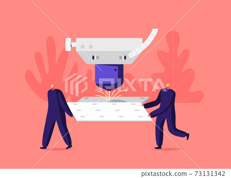 Tiny Male Characters in Worker Uniform and Hardhats Carry Huge Metal Detail Cutting with Laser Beam on Industrial Plant Tiny Male Characters in Worker Uniform and Hardhats Carry Huge Metal Detail Cutting with Laser Beam on Industrial Plant 73131342