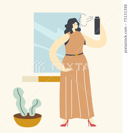 Pretty Female Character Styling Hair at Home. Young Woman in Fashioned Dress Use Hair Spray Making Hairstyle Pretty Female Character Styling Hair at Home. Young Woman in Fashioned Dress Use Hair Spray Making Hairstyle 73131398