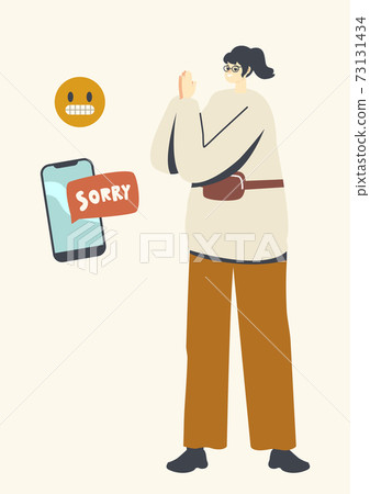 Forgiveness, Human Relations Concept. Female Character Apologize Send Sorry Sms by Smartphone Begging to Forgive 73131434