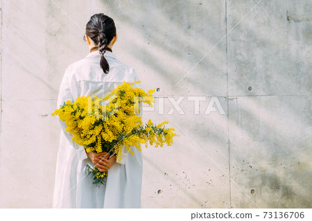 Woman holding a bouquet of mimosa 73136706