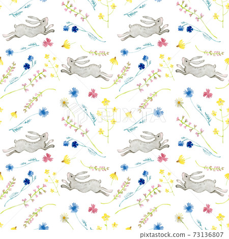 Watercolor hand drawing pattern with rabbits. Easter pattern. Watercolor hand drawing pattern with rabbits. Easter pattern. 73136807