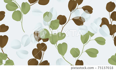 Floral seamless pattern, green, brown and white Silver Dollar Eucalyptus leaves on light gray 73137018
