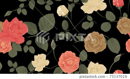 Floral seamless pattern, colorful rose flowers and leaves on black background, pastel vintage theme 73137019