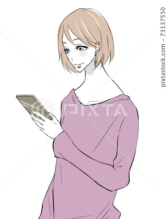 A woman smiling with a smartphone in one hand A woman smiling with a smartphone in one hand 73137550