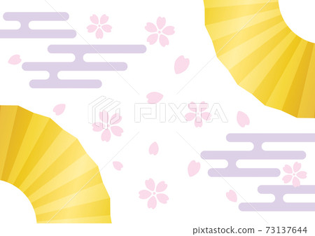 Japanese style background of cherry blossoms, fan and haze 73137644