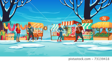 Christmas market with stalls sellers and customers 73139418