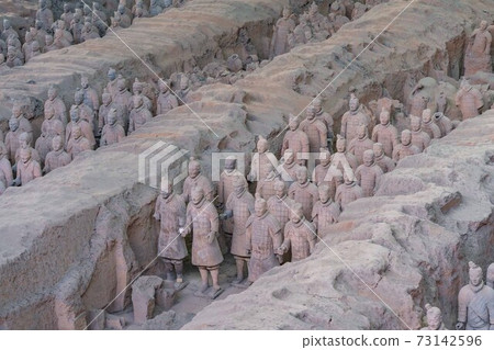 Xian, China - Feb 9, 2020 : The Terracotta Army warriors at the Mausoleum of sculptures depicting the armies of Qin Shi Huang, the first Emperor of China 73142596