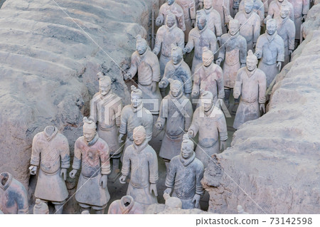Xian, China - Feb 9, 2020 : The Terracotta Army warriors at the Mausoleum of sculptures depicting the armies of Qin Shi Huang, the first Emperor of China 73142598