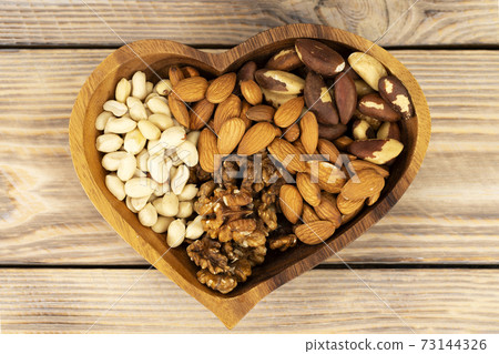 Natural nutritional blend of various nuts in a wooden plate in the shape of a heart symbol on a brown wooden table. A mixture of walnuts, brazil nuts, peanuts and almonds. Healthy natural food concept Natural nutritional blend of various nuts in a wooden plate in the shape of a heart symbol on a brown wooden table. A mixture of walnuts, brazil nuts, peanuts and almonds. Healthy natural food concept 73144326