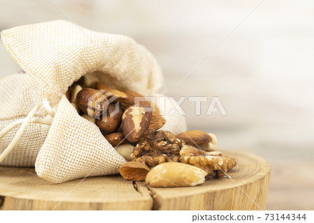 the mixture of nuts is poured out of the bag onto a wooden stand. Close-up, macro the mixture of nuts is poured out of the bag onto a wooden stand. Close-up, macro 73144344