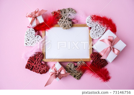 Happy valentine's day greeting card mockup. Gift boxes and hearts. Copy space Happy valentine's day greeting card mockup. Gift boxes and hearts. Copy space 73146756