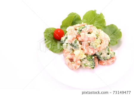 Shrimp and broccoli salad bright background Shrimp and broccoli salad bright background 73149477