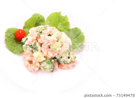 Shrimp and broccoli salad bright background Shrimp and broccoli salad bright background 73149478