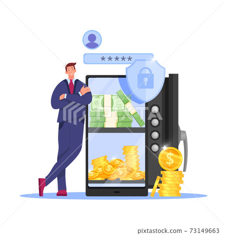Online payment, internet storage, money transfer finance vector illustration with man, safe door 73149663