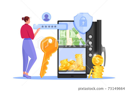 Online payment, internet storage or transfer vector illustration with safe door, smartphone, woman, key. Online payment, internet storage or transfer vector illustration with safe door, smartphone, woman, key. 73149664