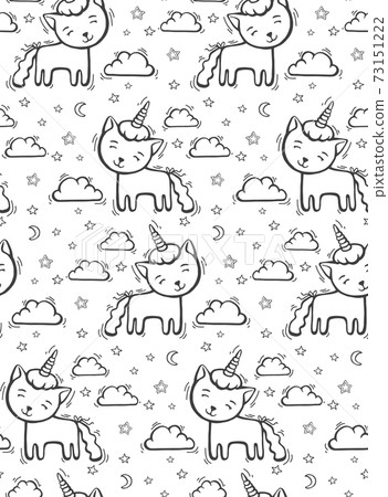 Cute pattern with line cat unicorn with horn on sky background with cloud and hearts. Hand drawn vector illustration for textile or wallpaper. 73151222