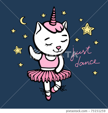 Cute white dancing cat unicorn with horn on dark blue background with hearts and stars. Hand drawn vector illustration for t shirt printing and embroidery. 73151259