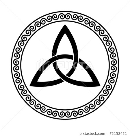 Triquetra within a circular spiral frame. Celtic knot, a triangular figure, used in ancient Christian ornamentation, surrounded by a decorative border, made of double spirals. Illustration. Vector. 73152451
