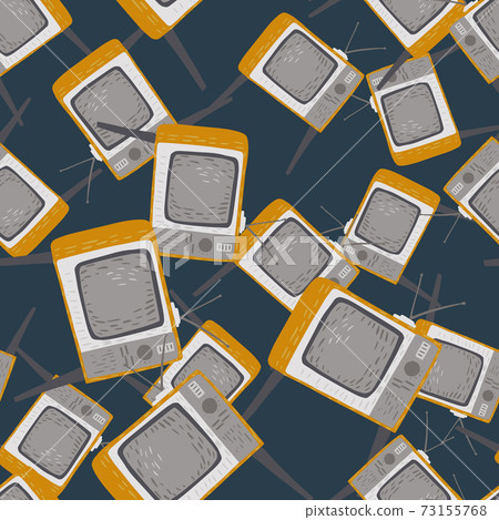 Seamless random pattern with grey retro tv technic print. Dark turquoise background. Seamless random pattern with grey retro tv technic print. Dark turquoise background. 73155768
