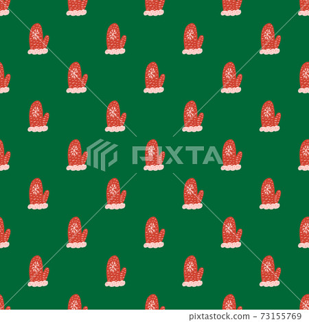 Bright seamless pattern with christmas wool mittens ornament. Red print on green background. 73155769