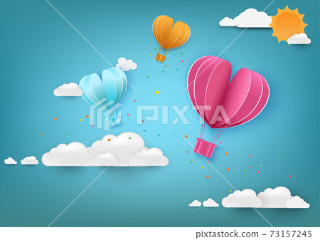 Paper art of love and Origami made air balloon heart shape flying with valentines day label.They are in the air with copy space.Mother's Day,Happy Women,Vector Valentine's Day and paper cut concept. Paper art of love and Origami made air balloon heart shape flying with valentines day label.They are in the air with copy space.Mother's Day,Happy Women,Vector Valentine's Day and paper cut concept. 73157245