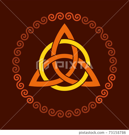 Colored triquetra with circle, within a circular spiral frame. Triangular Celtic knot, a figure used in ancient Christian ornamentation, surrounded by a border of double spirals. Illustration. Vector. Colored triquetra with circle, within a circular spiral frame. Triangular Celtic knot, a figure used in ancient Christian ornamentation, surrounded by a border of double spirals. Illustration. Vector. 73158786
