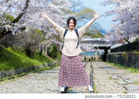 A woman watching cherry blossoms at Keage Incline during sightseeing in Kyoto 73158831