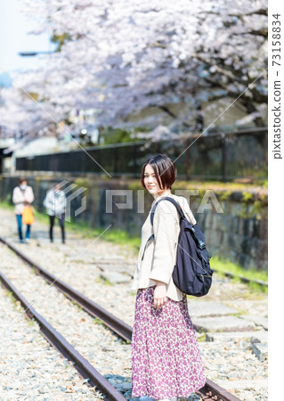 A woman watching cherry blossoms at Keage Incline during sightseeing in Kyoto A woman watching cherry blossoms at Keage Incline during sightseeing in Kyoto 73158834