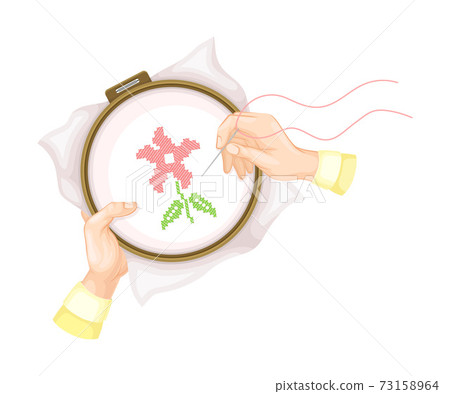 Hand Making Cross Stitch Flower on Canvas in Tambour Vector Illustration 73158964