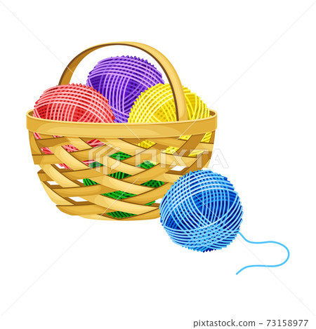 Wool or Cotton Thread Ball in Wicker Basket as Needlework Tools Vector Illustration 73158977
