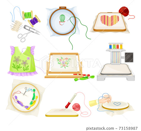 Embroidery and Cross Stitch Art Supplies with Tambour and Canvas Vector Set 73158987