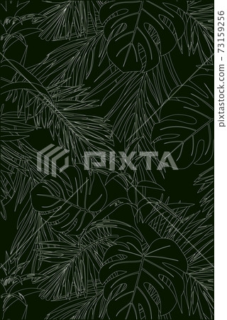 White lines pattern of tropical leaves pattern style on black background, flat line vector and illustration. 73159256