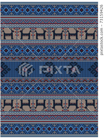 Luxury vintage oriental rug in blue shades with deer and flowers on beige background Luxury vintage oriental rug in blue shades with deer and flowers on beige background 73159426