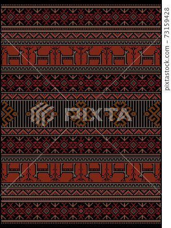 Original luxury vintage carpet with ethnic pattern in red and black colors with gray deer and flowers Original luxury vintage carpet with ethnic pattern in red and black colors with gray deer and flowers 73159428