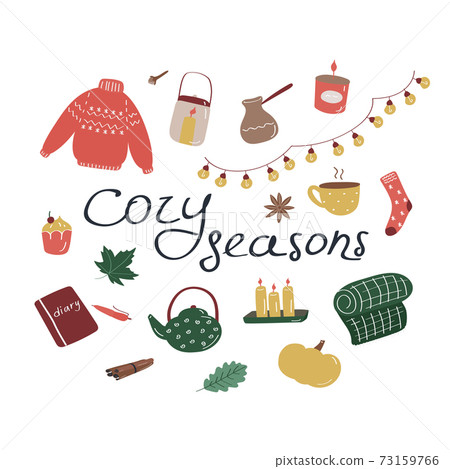 Cozy seasons. Set of hygge icons and handwritten lettering. Cute elements for posters, cards, stickers and seasonal designs. Hand drawn flat vector illustration in Scandinavian style 73159766