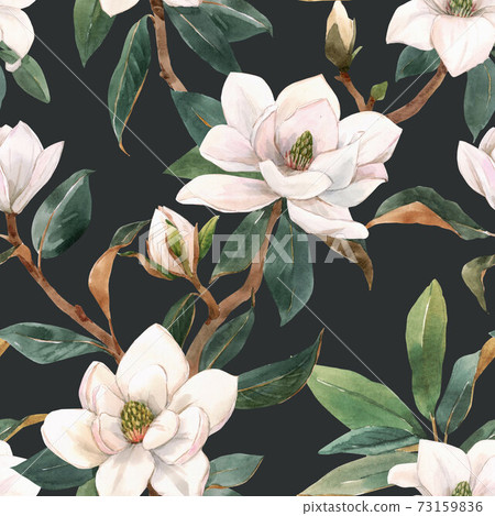 Beautiful seamless pattern with hand drawn watercolor white magnolia flowers. Stock illustration. 73159836