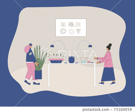 Plant lover. Man with indor flower pot. Vector 73160059