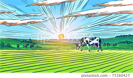 Rural meadow. A village landscape with cows,... - Stock Illustration ...