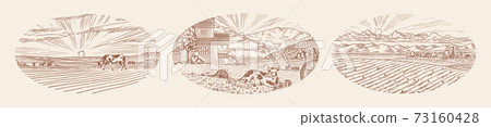 Rural meadow. A village landscape with cows,... - Stock Illustration ...