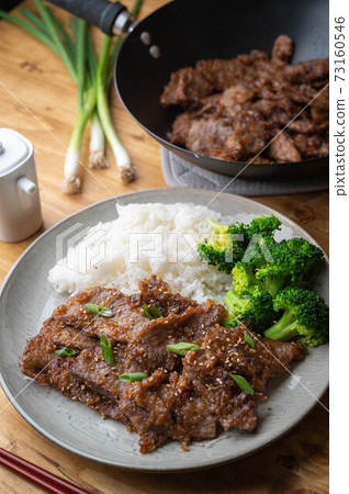 mongolian beef with rice and broccoli 73160546