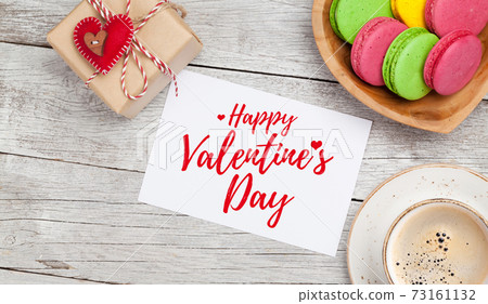 Valentines day card with gift, cookies and coffee cup Valentines day card with gift, cookies and coffee cup 73161132