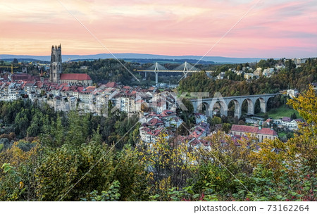 View of cathedral, Poya and Zaehringen bridge, Fribourg, Switzerland, HDR View of cathedral, Poya and Zaehringen bridge, Fribourg, Switzerland, HDR 73162264
