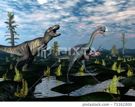 Tyrannosaurus rex attacking gigantoraptor dinosaur - 3D render Tyrannosaurus rex attacking gigantoraptor dinosaur - 3D render 73162800